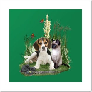 Cute Beagle Puppy & Siamese Kitten & Butterflies Posters and Art